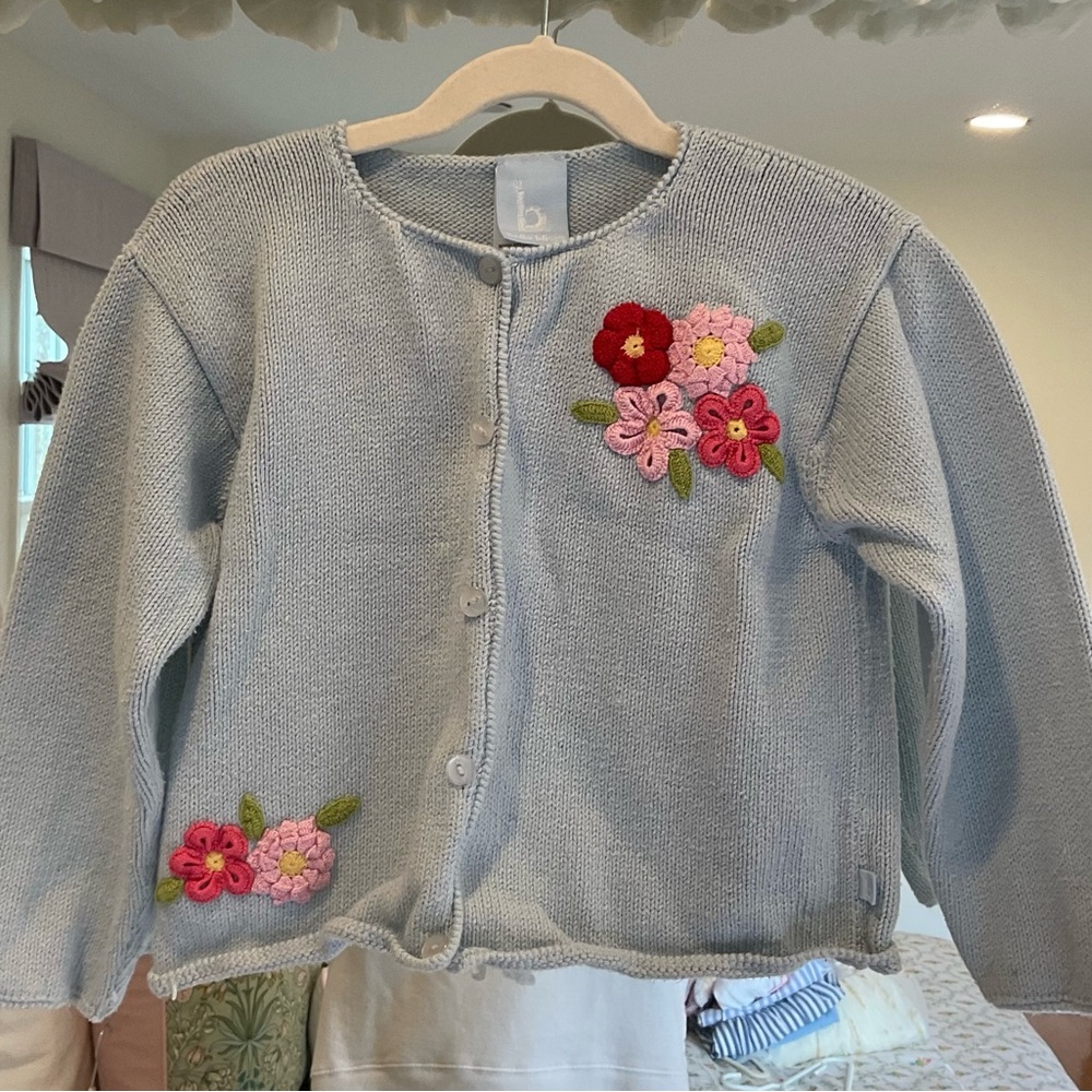 bella bliss Light Blue Knit Cardigan with Floral Appliqué
